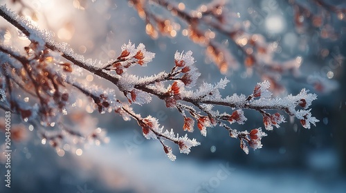 Detailed Close Up View of Frost Covered Tree Branch with Small Red Buds Illuminated by Soft Sunrise Light