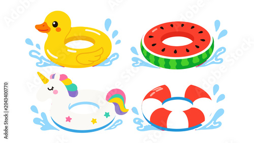 Obraz na plátně Cartoon inflatable swim rings with splashes isolated on white