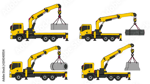 Tableau sur toile Yellow truck mounted crane lifting different heavy loads set