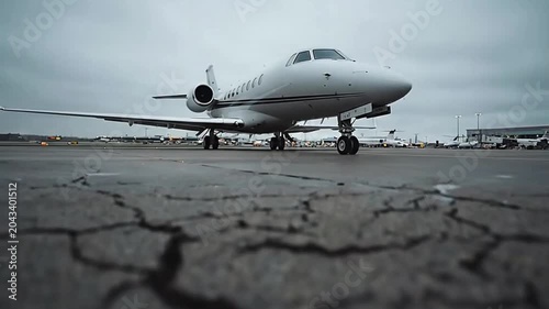 Private business jet parked on tarmac with cracked concrete surface in foreground, air travel and aviation infrastructure concept.