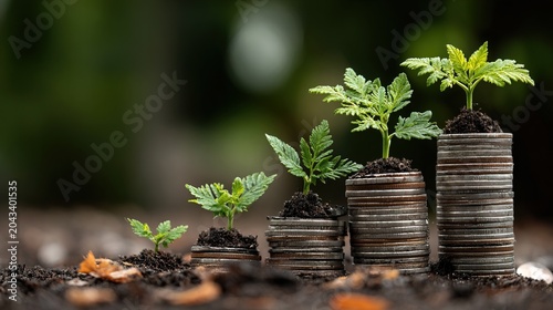 Growing Small Green Plants Sprouting From Stacks Of Currency Coins Symbolizing Financial Growth And Investment