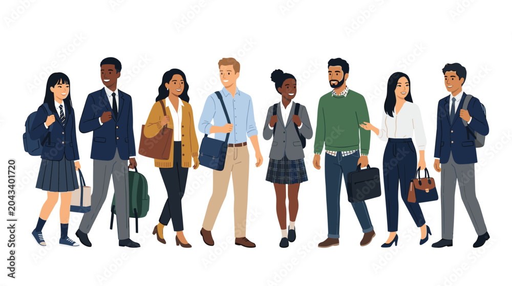 Fototapeta premium A diverse group of eight students in school uniforms carries various backpacks, handbags, and briefcases while standing in a row against a plain white background.