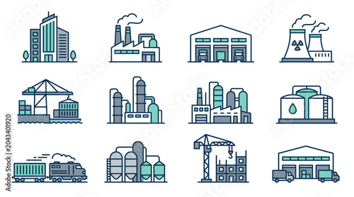 Industrial Buildings and Factory Icons.