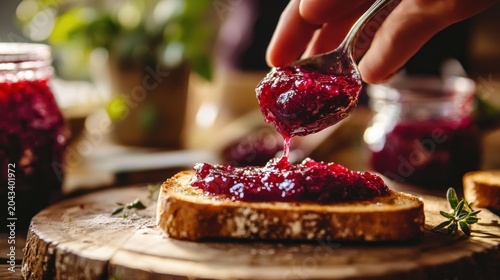Boysenberry jam being spread on toast in a cozy farmhouse kitchen