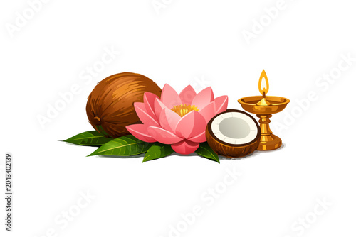 Pink lotus flower with coconut, green leaves and glowing golden oil lamp, 3D vector illustration isolated on transparent background for festival design