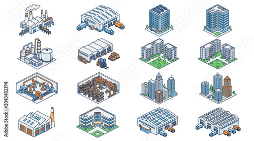 Fotografie Industrial Buildings and Factory Icons.