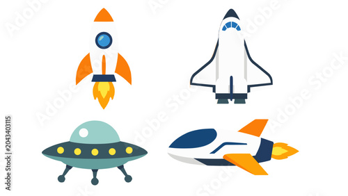 Fotografía Set of cartoon rockets, shuttle and flying saucer vector icons