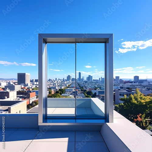 Modern Glass Doorway Framing Urban Skyline View From Rooftop Terrace