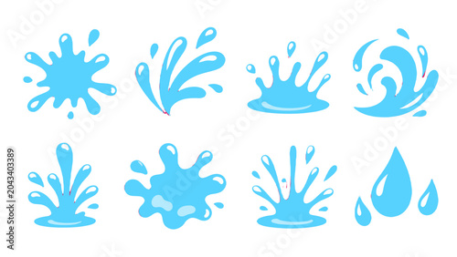 Foto Blue water splash and droplet shape vector set on white