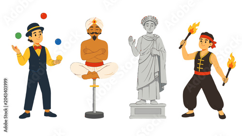 Tableau sur toile Street performers set with juggler, fakir, statue and fire artist