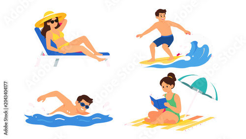 Bilde på lerret Beach activity characters with sunbathing, surfing, swimming, and reading