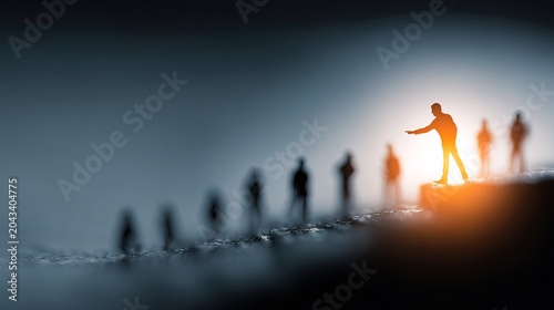 Silhouette Businessman Leading A Group On A Winding Path With Dramatic Sunrise Illumination