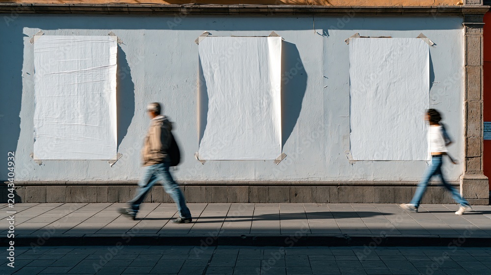 Fototapeta premium Passants flous devant des affiches blanches vierges sur mur urbain