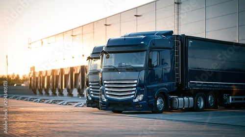 Camions de transport moderne garés devant un entrepôt industriel