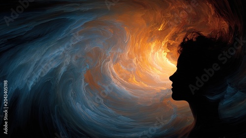 Abstract Swirls of Blue and Orange Energy Forming a Silhouette Head Profile Background