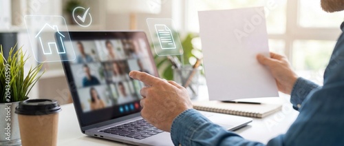 Remote worker presenting document in virtual meeting with house and checklist icons