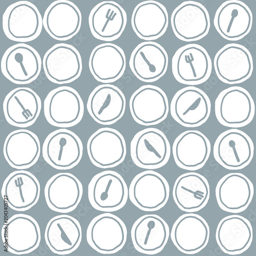 Tableau sur toile Minimal plate and cutlery seamless pattern in white and blue on muted blue backg