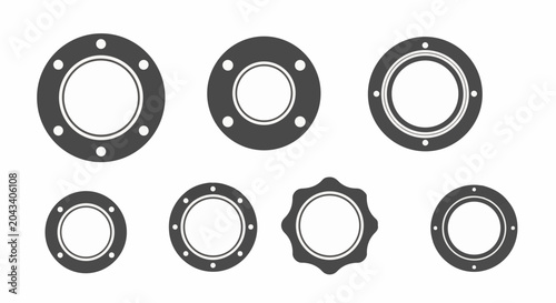 Collection of industrial circular flanges with bolt holes