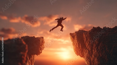 Silhouette of Adventurous Person Mid Leap Across Rugged Cliffs During a Vibrant Sunset