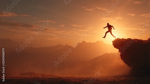 Silhouette Man Jumping Cliff Edge Sunrise Dramatic Outdoor Adventure Exploration