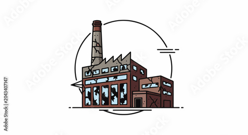 Cracked and broken factory building with a tall smokestack under a circular frame