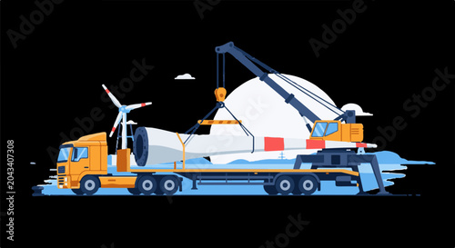 Crane lifts wind turbine blade onto truck trailer