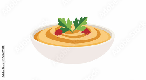 Creamy dip in a white bowl, garnished with herbs and spices
