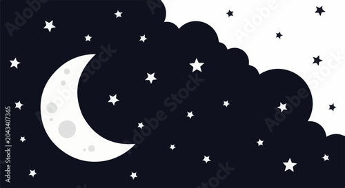 Crescent moon and stars against a dark night sky with clouds