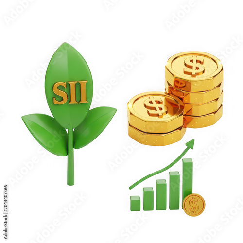 Green leaf sprout with gold dollar coins and rising business growth bar chart isolated on transparent background