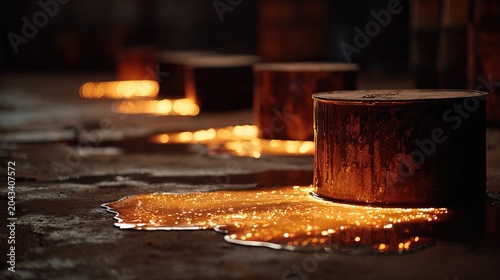 Industrial Oil Barrels Leaking Liquid with Reflective Sparkle on Grungy Floor