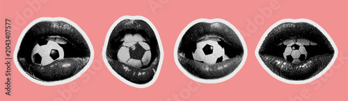 Bild auf Leinwand Soccer ball in mouth, pop art lips, halftone texture, vibrant and edgy visual fo