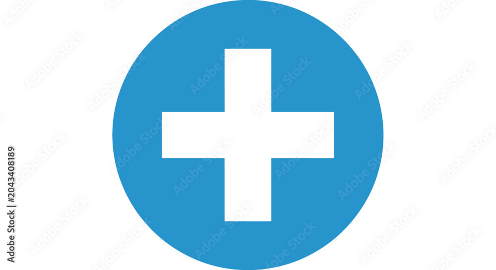 Fototapeta premium A white plus sign inside a blue circle, a simple and clean graphic design element