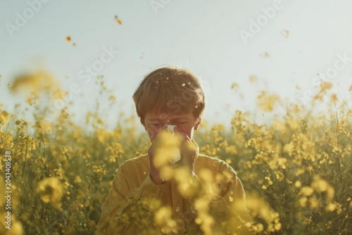 Young child sneezes in a flower field with floating pollen during a sunny day, showcasing the impact of allergies on outdoor activities and play