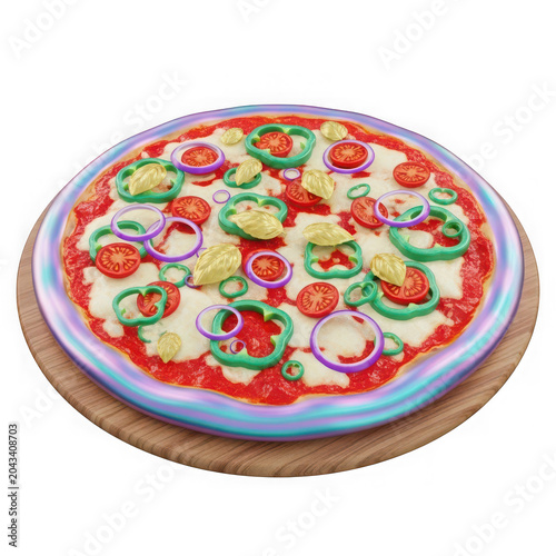 Fresh delicious pizza with vegetables and cheese on a round wooden board isolated on transparent background