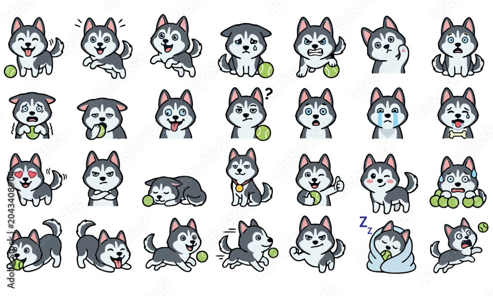 Fototapeta premium Cute Husky Dog Emoji Sticker Pack – Cartoon Siberian Husky Expressions Collection
