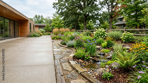 Modern home patio with beautiful garden landscaping and water feature