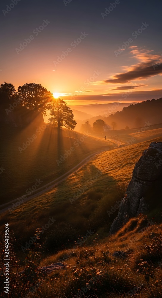 Obraz premium Breathtaking golden sunrise over a tranquil forest valley with sun rays.
