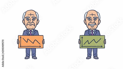 Old businessman holding sign with positive and negative business graph. Transparent background