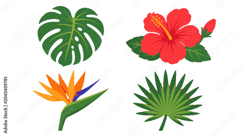 Fototapeta premium Flat tropical plant elements with leaves and flowers set