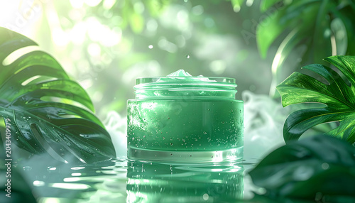 Botanical Glass Oasis: Frosted green glass skincare cream jar product advertisement tranquil refreshing organic cosmetic container nature spa environment