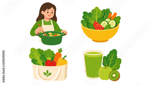 Healthy vegetable cooking and salad set in cartoon vector style