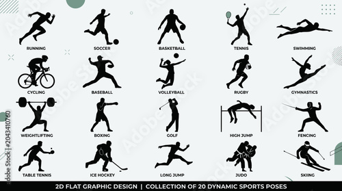 Photography Dynamic Sports Poses Collection: Flat Icons for Running, Soccer, Tennis, Cycling