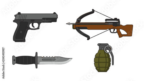 Fotografía Vector set of pistol crossbow combat knife and grenade