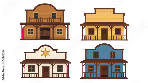 Photos Set of western town wooden storefront buildings in flat style