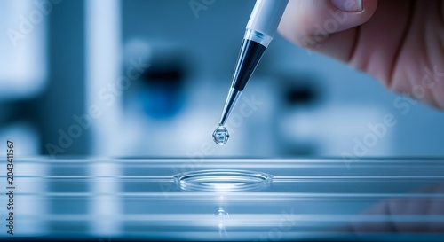 Scientist holding pipette over petri dish.