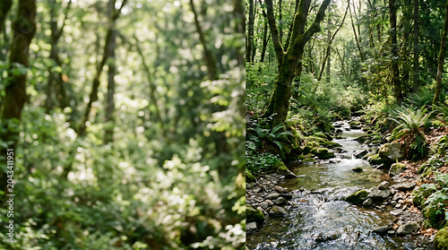 Clear forest stream flowing through mossy rocks and lush greenery