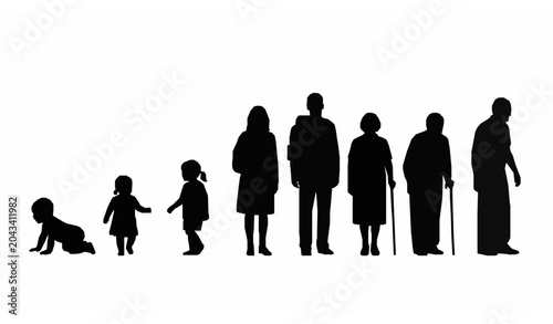 Human aging stages silhouette vector timeline from baby to elderly