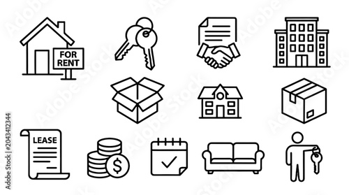 Foto Rental property line icon set with house, keys, lease and moving boxes