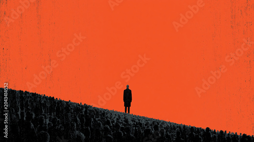 Conceptual grunge illustration of a lone man standing on edge of crowd slope symbolizing mental decline and emotional breakdown