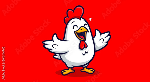 Foto Flat Cartoon Chicken with Open Wings Smiling Typography Vector Design